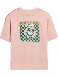 T-shirt en coton rose imprimé à coupe droite pourvu d'un col rond
