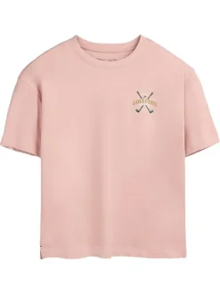 T-shirt en coton rose imprimé à coupe droite pourvu d'un col rond