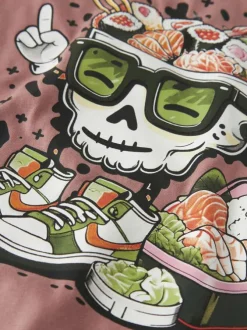 T-shirt en coton rose uni pourvu d'un imprimé sushi et d'un col rond