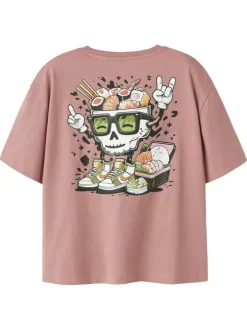 T-shirt en coton rose uni pourvu d'un imprimé sushi et d'un col rond