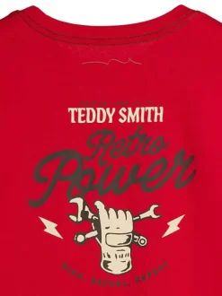 T-shirt en coton rouge imprimé à la poitrine et au dos avec un col rond