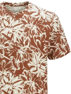 T-shirt en coton rouille imprimé à motif floral avec coupe droite et col rond
