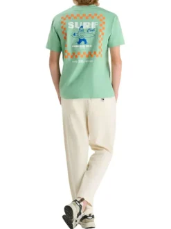 T-shirt en coton vert à coupe droite pourvu d'un col rond côtelé