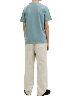T-shirt en coton vert à coupe droite pourvu d'un col rond côtelé