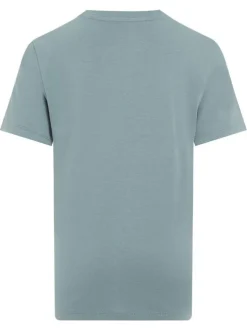 T-shirt en coton vert d'eau imprimé à l'avant avec un col rond en bord-côte