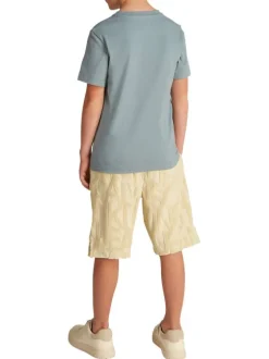 T-shirt en coton vert d'eau imprimé à l'avant avec un col rond en bord-côte