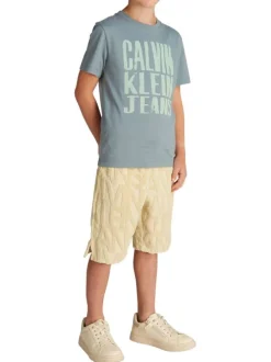 T-shirt en coton vert d'eau imprimé à l'avant avec un col rond en bord-côte