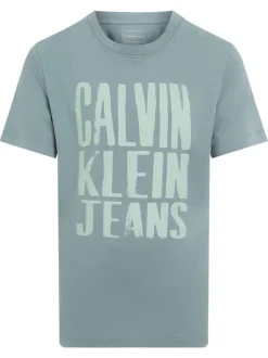 T-shirt en coton vert d'eau imprimé à l'avant avec un col rond en bord-côte