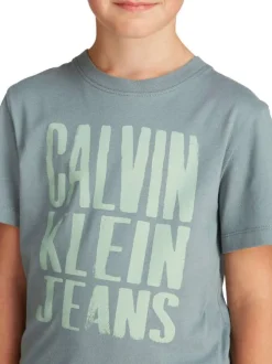 T-shirt en coton vert d'eau imprimé à l'avant avec un col rond en bord-côte