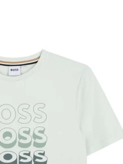 T-shirt en coton vert d'eau à coupe droite pourvu du nom de la marque