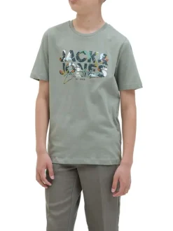 T-shirt en coton vert d'eau imprimé avec un col rond et une coupe droite