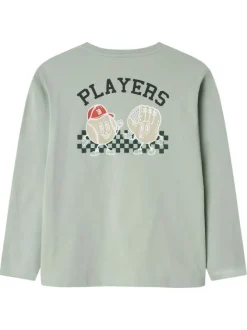 T-shirt en coton vert pâle imprimé pourvu d'un col rond et de manches longues