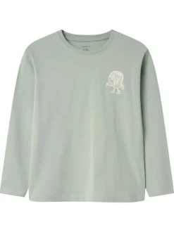T-shirt en coton vert pâle imprimé pourvu d'un col rond et de manches longues