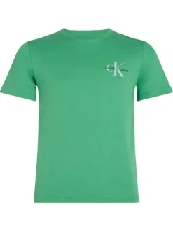 T-shirt en coton vert uni avec un col rond et le logo de la marque imprimé