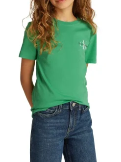 T-shirt en coton vert uni avec un col rond et le logo de la marque imprimé