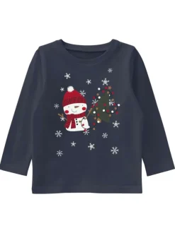 T-Shirt fantaisie manches longues et à col rond marine en coton