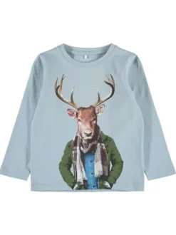 T-Shirt fantaisie manches longues et à col rond ciel en coton biologique