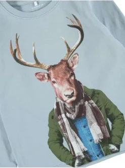 T-Shirt fantaisie manches longues et à col rond ciel en coton biologique