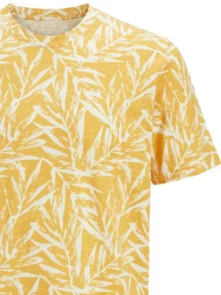 T-shirt jaune imprimé à motif floral en coton avec col rond et coupe droite