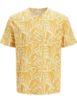 T-shirt jaune imprimé à motif floral en coton avec col rond et coupe droite