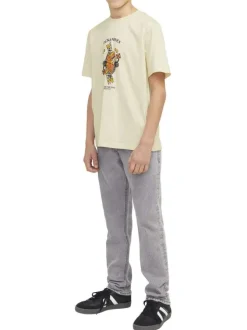 T-shirt manches courtes en coton écru imprimé avec coupe ample et col rond