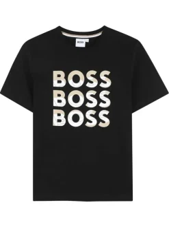 T-shirt manches courtes en coton noir avec 3 logos imprimés et un col rond