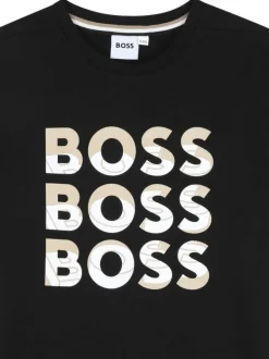 T-shirt manches courtes en coton noir avec 3 logos imprimés et un col rond