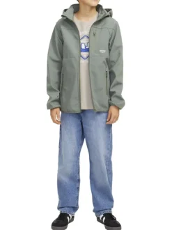 T-shirt manches courtes en coton beige avec col rond et logo bleu et blanc