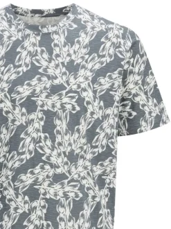 T-shirt manches courtes en coton bleu imprimé à motif floral avec un col rond