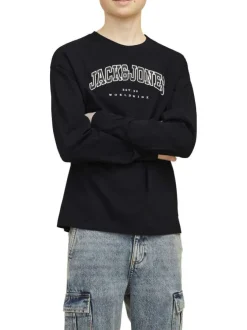 T-shirt manches longues en coton noir uni avec une coupe droite et un col rond