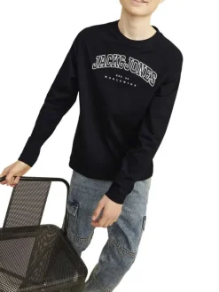 T-shirt manches longues en coton noir uni avec une coupe droite et un col rond