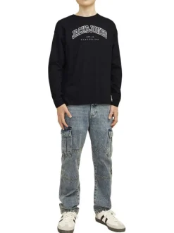 T-shirt manches longues en coton noir uni avec une coupe droite et un col rond