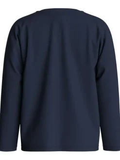 T-shirt manches longues en coton bleu marine uni à coupe droite et à col rond