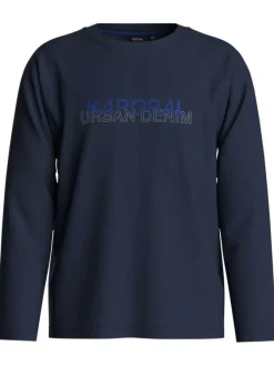 T-shirt manches longues en coton bleu marine uni à coupe droite et à col rond