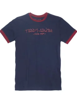 T-Shirt marine en coton avec une coupe droite et à col rond rouge avec marque centrale