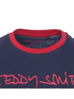 T-Shirt marine en coton avec une coupe droite et à col rond rouge avec marque centrale