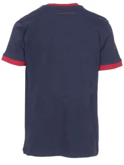 T-Shirt marine en coton avec une coupe droite et à col rond rouge avec marque centrale