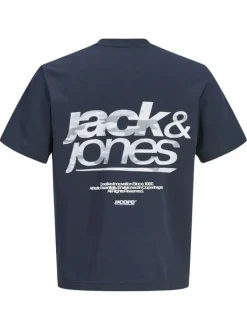 T-shirt marine imprimé à coupe droite pourvu d'un col rond et de manches courtes