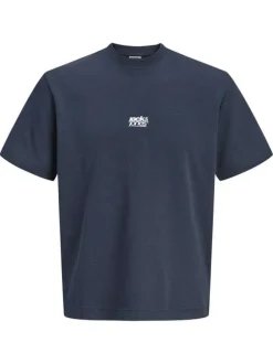 T-shirt marine imprimé à coupe droite pourvu d'un col rond et de manches courtes