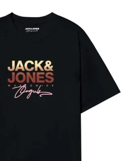 T-shirt noir en coton avec logo imprimé, col rond et manches courtes