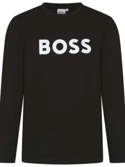 T-shirt noir uni avec une coupe droite à col rond et nom iconique