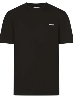 T-shirt noir uni avec une coupe droite à col rond et nom iconique