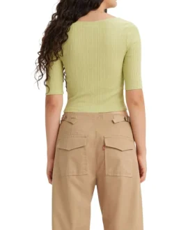 T-shirt ajusté en maille piquée de coton vert à col rond et boutons pression