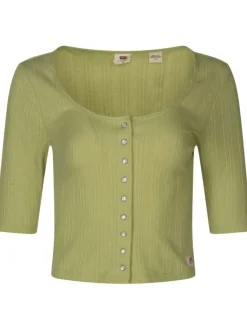 T-shirt ajusté en maille piquée de coton vert à col rond et boutons pression