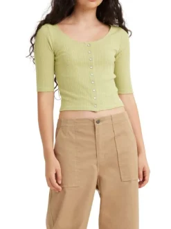 T-shirt ajusté en maille piquée de coton vert à col rond et boutons pression