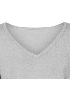 T-shirt anthracite uni en lurex à une coupe droite, col v et à manches longues