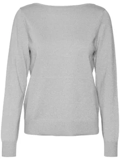 T-shirt anthracite uni en lurex à une coupe droite, col v et à manches longues