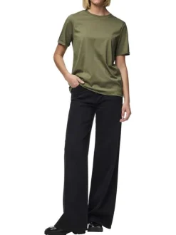 T-shirt basic en coton kaki uni à coupe droite avec un col rond
