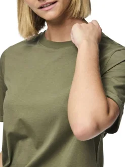 T-shirt basic en coton kaki uni à coupe droite avec un col rond