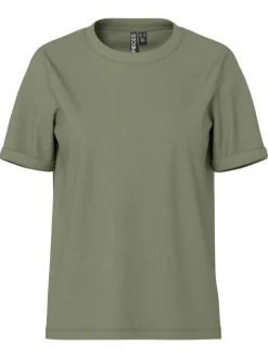 T-shirt basic en coton kaki uni à coupe droite avec un col rond